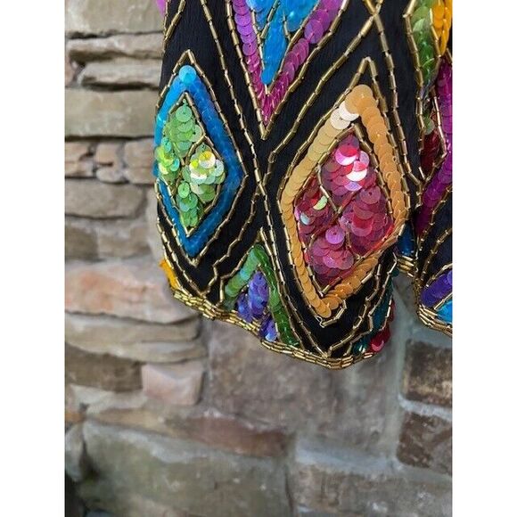 New Original VTG Medium Mary McFadden Multicolor Silk Chiffon Sequined Jacket - Picture 5 of 16